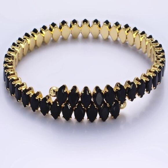 24K Gold Filled Tennis Chain Wrap Cuff Bracelet Black Marquise CZ - Picture 1 of 5